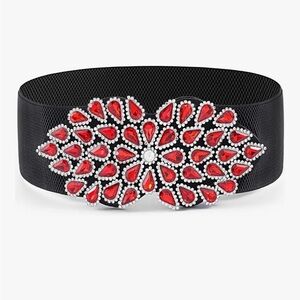 Rhinestone Stretch Belt Wide Red Dress Belt 
21/2” wide Size:Medium